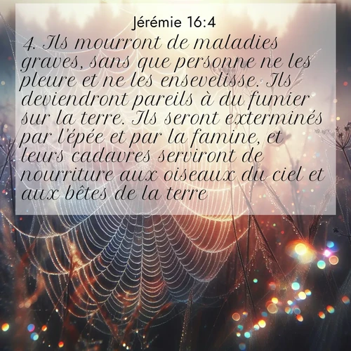 Segond21 Jérémie  ; image nature: image avec le verset biblique :Ils mourront de maladies graves, sans que personne ne les pleure et ne les ensevelisse. Ils deviendront pareils à du fumier sur la terre. Ils seront exterminés par l&#039;épée et par la famine, et leurs cadavres serviront de nourriture aux oiseaux du ciel et aux bêtes de la terre. ;  ; 16:4