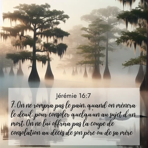 Segond21 Jérémie  ; image nature: image avec le verset biblique :On ne rompra pas le pain, quand on mènera le deuil, pour consoler quelqu&#039;un au sujet d&#039;un mort. On ne lui offrira pas la coupe de consolation au décès de son père ou de sa mère. ;  ; 16:7