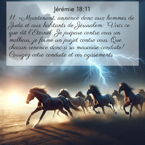 citation biblique : 11. »Maintenant, annonce donc aux hommes de Juda et aux habitants de Jérusalem: &#039;Voici ce que dit l&#039;Eternel: Je prépare contre vous un malheur, je forme un projet contre vous. Que chacun renonce donc à sa mauvaise conduite! Corrigez votre conduite et vos agissements!&#039;
 sur fond image nature