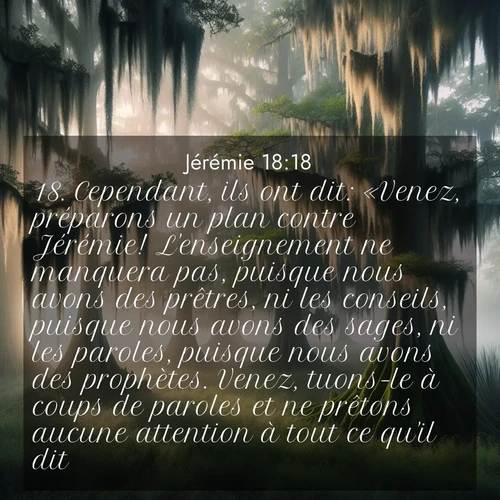 citation biblique : 18. Cependant, ils ont dit: «Venez, préparons un plan contre Jérémie! L&#039;enseignement ne manquera pas, puisque nous avons des prêtres, ni les conseils, puisque nous avons des sages, ni les paroles, puisque nous avons des prophètes. Venez, tuons-le à coups de paroles et ne prêtons aucune attention à tout ce qu&#039;il dit!»
 sur fond image nature