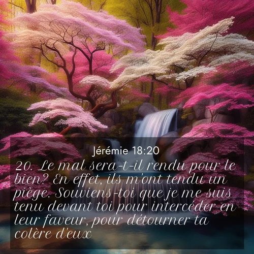 citation biblique : 20. Le mal sera-t-il rendu pour le bien? En effet, ils m&#039;ont tendu un piège. Souviens-toi que je me suis tenu devant toi pour intercéder en leur faveur, pour détourner ta colère d&#039;eux.
 sur fond image nature