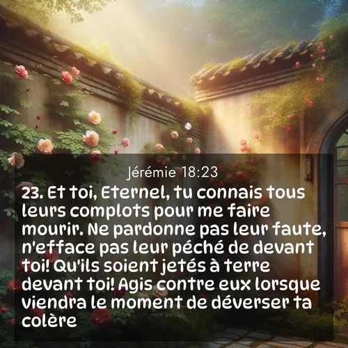 citation biblique : 23. Et toi, Eternel, tu connais tous leurs complots pour me faire mourir. Ne pardonne pas leur faute, n&#039;efface pas leur péché de devant toi! Qu&#039;ils soient jetés à terre devant toi! Agis contre eux lorsque viendra le moment de déverser ta colère!»
 sur fond image nature