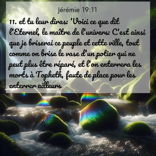 citation biblique : 11. et tu leur diras: &#039;Voici ce que dit l&#039;Eternel, le maître de l&#039;univers: C&#039;est ainsi que je briserai ce peuple et cette ville, tout comme on brise le vase d&#039;un potier qui ne peut plus être réparé, et l&#039;on enterrera les morts à Topheth, faute de place pour les enterrer ailleurs.&#039;
 sur fond image nature