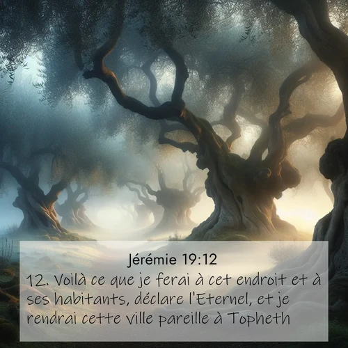 citation biblique : 12. Voilà ce que je ferai à cet endroit et à ses habitants, déclare l&#039;Eternel, et je rendrai cette ville pareille à Topheth.
 sur fond image nature