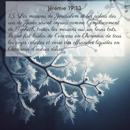 citation biblique : 13. Les maisons de Jérusalem et les palais des rois de Juda seront impurs comme l&#039;emplacement de Topheth, toutes les maisons où, sur leurs toits, ils ont fait brûler de l&#039;encens en l&#039;honneur de tous les corps célestes et versé des offrandes liquides en l&#039;honneur d&#039;autres dieux.»
 sur fond image nature
