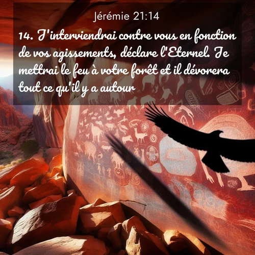 Segond21 Jérémie  ; image nature: image avec le verset biblique :J&#039;interviendrai contre vous en fonction de vos agissements, déclare l&#039;Eternel. Je mettrai le feu à votre forêt et il dévorera tout ce qu&#039;il y a autour.» ;  ; 21:14