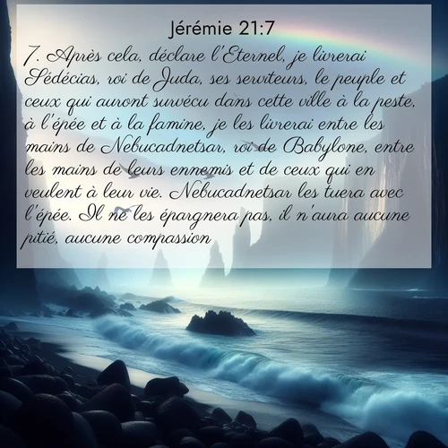 Segond21 Jérémie  ; image nature: image avec le verset biblique :Après cela, déclare l&#039;Eternel, je livrerai Sédécias, roi de Juda, ses serviteurs, le peuple et ceux qui auront survécu dans cette ville à la peste, à l&#039;épée et à la famine, je les livrerai entre les mains de Nebucadnetsar, roi de Babylone, entre les mains de leurs ennemis et de ceux qui en veulent à leur vie. Nebucadnetsar les tuera avec l&#039;épée. Il ne les épargnera pas, il n&#039;aura aucune pitié, aucune compassion. ;  ; 21:7