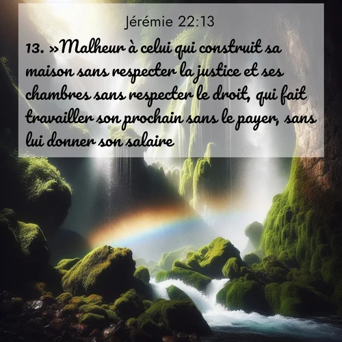 Segond21 Jérémie  ; image nature: image avec le verset biblique :»Malheur à celui qui construit sa maison sans respecter la justice et ses chambres sans respecter le droit, qui fait travailler son prochain sans le payer, sans lui donner son salaire! ;  ; 22:13