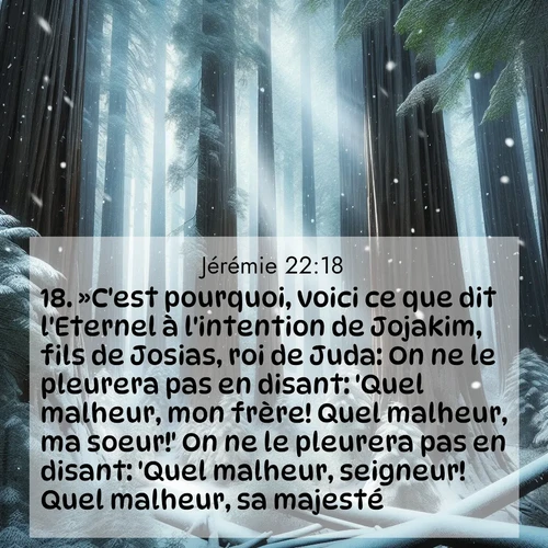 Segond21 Jérémie  ; image nature: image avec le verset biblique :»C&#039;est pourquoi, voici ce que dit l&#039;Eternel à l&#039;intention de Jojakim, fils de Josias, roi de Juda: On ne le pleurera pas en disant: &#039;Quel malheur, mon frère! Quel malheur, ma soeur!&#039; On ne le pleurera pas en disant: &#039;Quel malheur, seigneur! Quel malheur, sa majesté!&#039; ;  ; 22:18