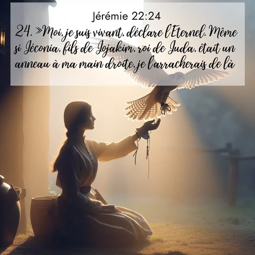 Segond21 Jérémie  ; image nature: image avec le verset biblique :»Moi, je suis vivant, déclare l&#039;Eternel. Même si Jéconia, fils de Jojakim, roi de Juda, était un anneau à ma main droite, je l&#039;arracherais de là. ;  ; 22:24