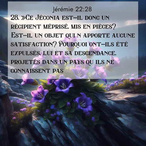 Segond21 Jérémie  ; image nature: image avec le verset biblique :»Ce Jéconia est-il donc un récipient méprisé, mis en pièces? Est-il un objet qui n&#039;apporte aucune satisfaction? Pourquoi ont-ils été expulsés, lui et sa descendance, projetés dans un pays qu&#039;ils ne connaissent pas? ;  ; 22:28