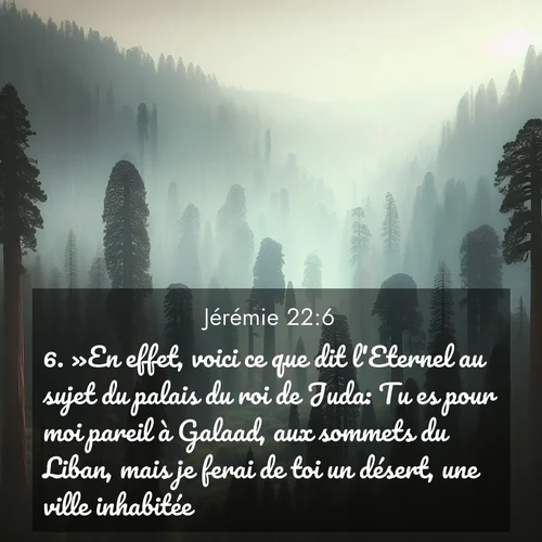 Segond21 Jérémie  ; image nature: image avec le verset biblique :»En effet, voici ce que dit l&#039;Eternel au sujet du palais du roi de Juda: Tu es pour moi pareil à Galaad, aux sommets du Liban, mais je ferai de toi un désert, une ville inhabitée. ;  ; 22:6