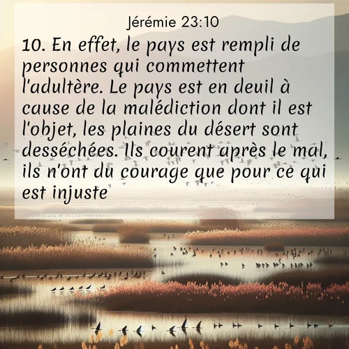 citation biblique : 10. En effet, le pays est rempli de personnes qui commettent l&#039;adultère. Le pays est en deuil à cause de la malédiction dont il est l&#039;objet, les plaines du désert sont desséchées. Ils courent après le mal, ils n&#039;ont du courage que pour ce qui est injuste.
 sur fond image nature