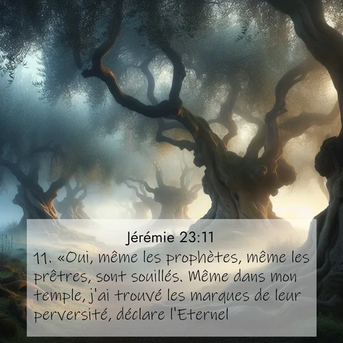 Segond21 Jérémie  ; image nature: image avec le verset biblique :«Oui, même les prophètes, même les prêtres, sont souillés. Même dans mon temple, j&#039;ai trouvé les marques de leur perversité, déclare l&#039;Eternel. ;  ; 23:11