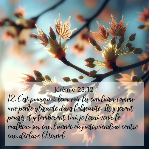 citation biblique : 12. C&#039;est pourquoi, leur voie les conduira comme une pente glissante dans l&#039;obscurité. Ils y seront poussés et y tomberont. Oui, je ferai venir le malheur sur eux, l&#039;année où j&#039;interviendrai contre eux, déclare l&#039;Eternel.
 sur fond image nature