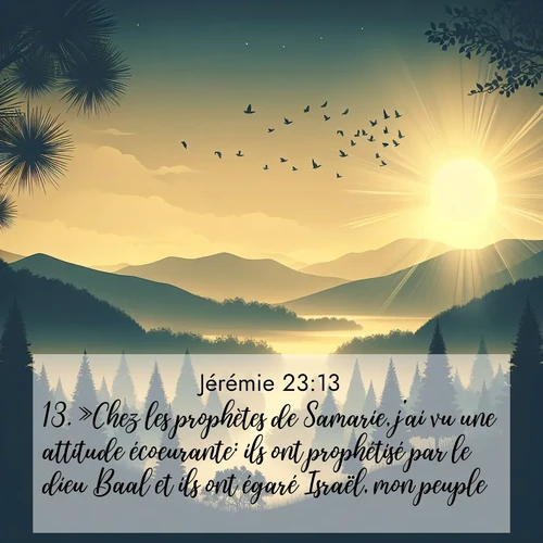 citation biblique : 13. »Chez les prophètes de Samarie, j&#039;ai vu une attitude écoeurante: ils ont prophétisé par le dieu Baal et ils ont égaré Israël, mon peuple.
 sur fond image nature