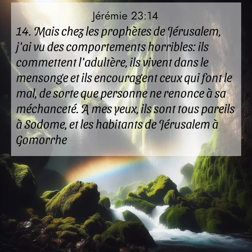 citation biblique : 14. Mais chez les prophètes de Jérusalem, j&#039;ai vu des comportements horribles: ils commettent l&#039;adultère, ils vivent dans le mensonge et ils encouragent ceux qui font le mal, de sorte que personne ne renonce à sa méchanceté. A mes yeux, ils sont tous pareils à Sodome, et les habitants de Jérusalem à Gomorrhe.
 sur fond image nature