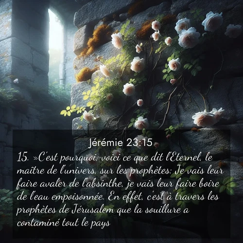 citation biblique : 15. »C&#039;est pourquoi, voici ce que dit l&#039;Eternel, le maître de l&#039;univers, sur les prophètes: Je vais leur faire avaler de l&#039;absinthe, je vais leur faire boire de l&#039;eau empoisonnée. En effet, c&#039;est à travers les prophètes de Jérusalem que la souillure a contaminé tout le pays.
 sur fond image nature