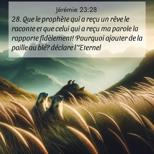 citation biblique : 28. Que le prophète qui a reçu un rêve le raconte et que celui qui a reçu ma parole la rapporte fidèlement! Pourquoi ajouter de la paille au blé? déclare l&#039;Eternel.
 sur fond image nature