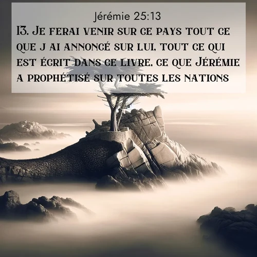 citation biblique : 13. Je ferai venir sur ce pays tout ce que j&#039;ai annoncé sur lui, tout ce qui est écrit dans ce livre, ce que Jérémie a prophétisé sur toutes les nations.
 sur fond image nature