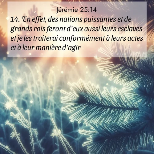citation biblique : 14. En effet, des nations puissantes et de grands rois feront d&#039;eux aussi leurs esclaves et je les traiterai conformément à leurs actes et à leur manière d&#039;agir.»
 sur fond image nature