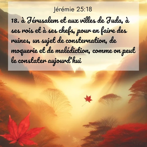 citation biblique : 18. à Jérusalem et aux villes de Juda, à ses rois et à ses chefs, pour en faire des ruines, un sujet de consternation, de moquerie et de malédiction, comme on peut le constater aujourd&#039;hui;
 sur fond image nature