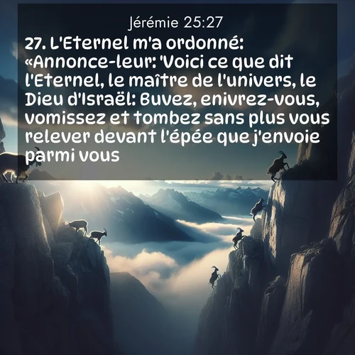 citation biblique : 27. L&#039;Eternel m&#039;a ordonné: «Annonce-leur: &#039;Voici ce que dit l&#039;Eternel, le maître de l&#039;univers, le Dieu d&#039;Israël: Buvez, enivrez-vous, vomissez et tombez sans plus vous relever devant l&#039;épée que j&#039;envoie parmi vous!&#039;
 sur fond image nature