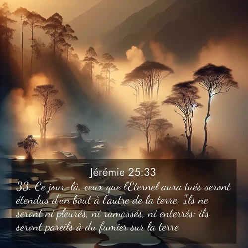 citation biblique : 33. Ce jour-là, ceux que l&#039;Eternel aura tués seront étendus d&#039;un bout à l&#039;autre de la terre. Ils ne seront ni pleurés, ni ramassés, ni enterrés: ils seront pareils à du fumier sur la terre.»
 sur fond image nature