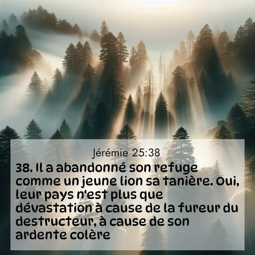 citation biblique : 38. Il a abandonné son refuge comme un jeune lion sa tanière. Oui, leur pays n&#039;est plus que dévastation à cause de la fureur du destructeur, à cause de son ardente colère.
 sur fond image nature