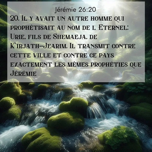 citation biblique : 20. Il y avait un autre homme qui prophétisait au nom de l&#039;Eternel: Urie, fils de Shemaeja, de Kirjath-Jearim. Il transmit contre cette ville et contre ce pays exactement les mêmes prophéties que Jérémie.
 sur fond image nature