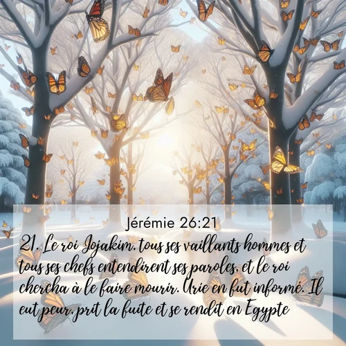 citation biblique : 21. Le roi Jojakim, tous ses vaillants hommes et tous ses chefs entendirent ses paroles, et le roi chercha à le faire mourir. Urie en fut informé. Il eut peur, prit la fuite et se rendit en Egypte.
 sur fond image nature