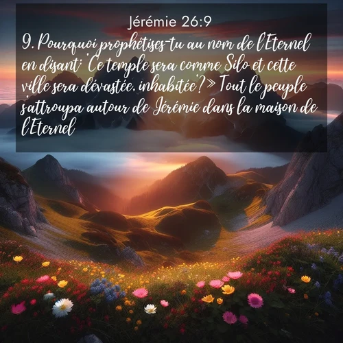 citation biblique : 9. Pourquoi prophétises-tu au nom de l&#039;Eternel en disant: &#039;Ce temple sera comme Silo et cette ville sera dévastée, inhabitée&#039;?» Tout le peuple s&#039;attroupa autour de Jérémie dans la maison de l&#039;Eternel.
 sur fond image nature
