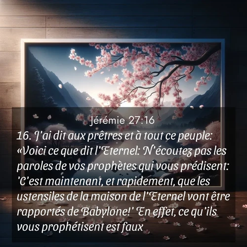 Segond21 Jérémie  ; image nature: image avec le verset biblique :J&#039;ai dit aux prêtres et à tout ce peuple: «Voici ce que dit l&#039;Eternel: N&#039;écoutez pas les paroles de vos prophètes qui vous prédisent: &#039;C&#039;est maintenant, et rapidement, que les ustensiles de la maison de l&#039;Eternel vont être rapportés de Babylone!&#039; En effet, ce qu&#039;ils vous prophétisent est faux. ;  ; 27:16