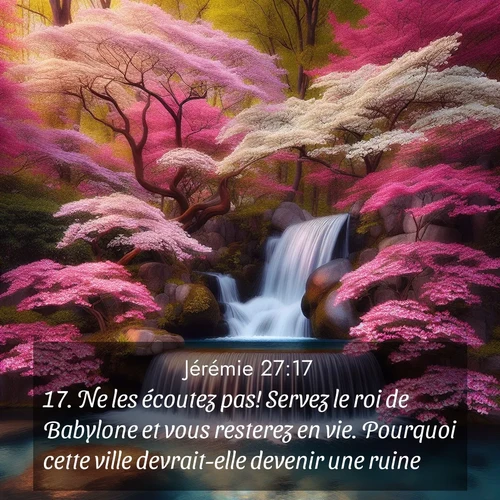 Segond21 Jérémie  ; image nature: image avec le verset biblique :Ne les écoutez pas! Servez le roi de Babylone et vous resterez en vie. Pourquoi cette ville devrait-elle devenir une ruine? ;  ; 27:17