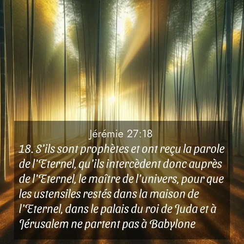 Segond21 Jérémie  ; image nature: image avec le verset biblique :S&#039;ils sont prophètes et ont reçu la parole de l&#039;Eternel, qu&#039;ils intercèdent donc auprès de l&#039;Eternel, le maître de l&#039;univers, pour que les ustensiles restés dans la maison de l&#039;Eternel, dans le palais du roi de Juda et à Jérusalem ne partent pas à Babylone! ;  ; 27:18