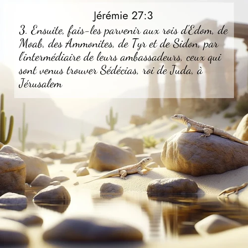 Segond21 Jérémie  ; image nature: image avec le verset biblique :Ensuite, fais-les parvenir aux rois d&#039;Edom, de Moab, des Ammonites, de Tyr et de Sidon, par l&#039;intermédiaire de leurs ambassadeurs, ceux qui sont venus trouver Sédécias,</p><p>Lire le verset dans son contexte : <br><a href=