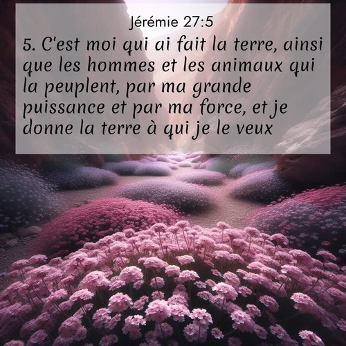 Segond21 Jérémie  ; image nature: image avec le verset biblique :C&#039;est moi qui ai fait la terre, ainsi que les hommes et les animaux qui la peuplent, par ma grande puissance et par ma force, et je donne la terre à qui je le veux. ;  ; 27:5