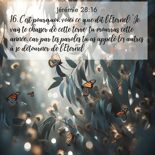 Segond21 Jérémie  ; image nature: image avec le verset biblique :C&#039;est pourquoi, voici ce que dit l&#039;Eternel: &#039;Je vais te chasser de cette terre; tu mourras cette année, car par tes paroles tu as appelé les autres à se détourner de l&#039;Eternel.&#039;» ;  ; 28:16