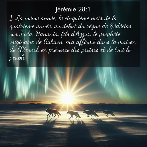 citation biblique : 1. La même année, le cinquième mois de la quatrième année, au début du règne de Sédécias sur Juda, Hanania, fils d&#039;Azzur, le prophète originaire de Gabaon, m&#039;a affirmé dans la maison de l&#039;Eternel, en présence des prêtres et de tout le peuple:
 sur fond image nature