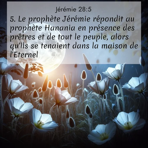 Segond21 Jérémie  ; image nature: image avec le verset biblique :Le prophète Jérémie répondit au prophète Hanania en présence des prêtres et de tout le peuple, alors qu&#039;ils se tenaient dans la maison de l&#039;Eternel. ;  ; 28:5