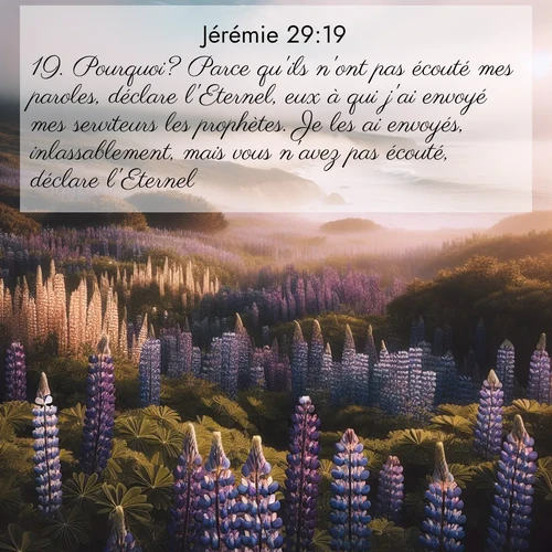 citation biblique : 19. Pourquoi? Parce qu&#039;ils n&#039;ont pas écouté mes paroles, déclare l&#039;Eternel, eux à qui j&#039;ai envoyé mes serviteurs les prophètes. Je les ai envoyés, inlassablement, mais vous n&#039;avez pas écouté, déclare l&#039;Eternel.
 sur fond image nature