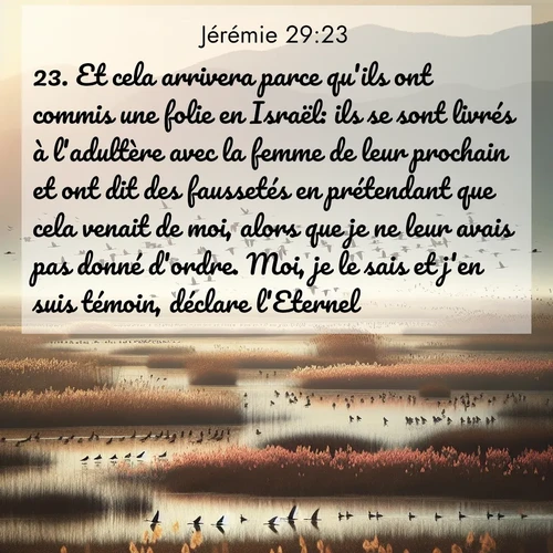 citation biblique : 23. Et cela arrivera parce qu&#039;ils ont commis une folie en Israël: ils se sont livrés à l&#039;adultère avec la femme de leur prochain et ont dit des faussetés en prétendant que cela venait de moi, alors que je ne leur avais pas donné d&#039;ordre. Moi, je le sais et j&#039;en suis témoin, déclare l&#039;Eternel.»
 sur fond image nature