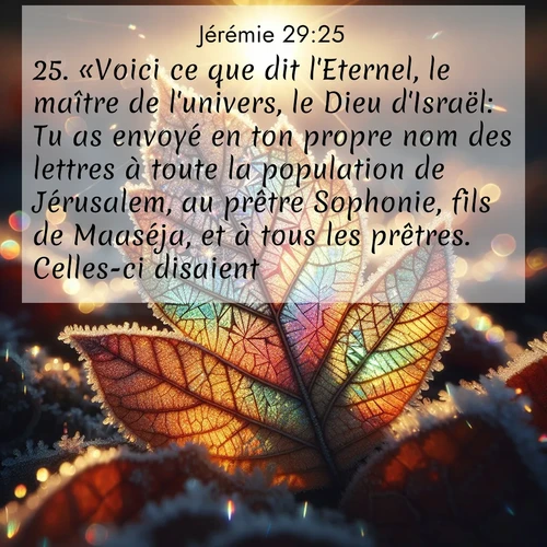 citation biblique : 25. «Voici ce que dit l&#039;Eternel, le maître de l&#039;univers, le Dieu d&#039;Israël: Tu as envoyé en ton propre nom des lettres à toute la population de Jérusalem, au prêtre Sophonie, fils de Maaséja, et à tous les prêtres. Celles-ci disaient:
 sur fond image nature