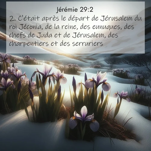 citation biblique : 2. C&#039;était après le départ de Jérusalem du roi Jéconia, de la reine, des eunuques, des chefs de Juda et de Jérusalem, des charpentiers et des serruriers.
 sur fond image nature