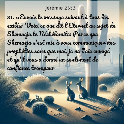 citation biblique : 31. «Envoie le message suivant à tous les exilés: &#039;Voici ce que dit l&#039;Eternel au sujet de Shemaeja le Néchélamite: Parce que Shemaeja s&#039;est mis à vous communiquer des prophéties sans que moi, je ne l&#039;aie envoyé et qu&#039;il vous a donné un sentiment de confiance trompeur,
 sur fond image nature