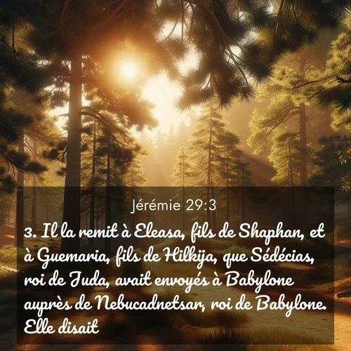 citation biblique : 3. Il la remit à Eleasa, fils de Shaphan, et à Guemaria, fils de Hilkija, que Sédécias, roi de Juda, avait envoyés à Babylone auprès de Nebucadnetsar, roi de Babylone. Elle disait:
 sur fond image nature