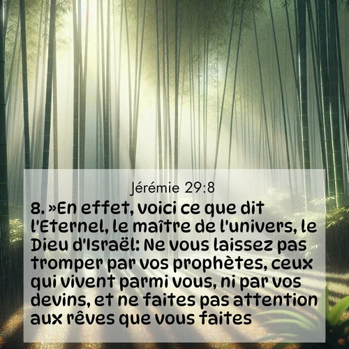 citation biblique : 8. »En effet, voici ce que dit l&#039;Eternel, le maître de l&#039;univers, le Dieu d&#039;Israël: Ne vous laissez pas tromper par vos prophètes, ceux qui vivent parmi vous, ni par vos devins, et ne faites pas attention aux rêves que vous faites!
 sur fond image nature