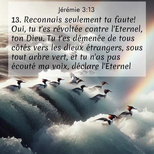 Segond21 Jérémie  ; image nature: image avec le verset biblique :Reconnais seulement ta faute! Oui, tu t&#039;es révoltée contre l&#039;Eternel, ton Dieu. Tu t&#039;es démenée de tous côtés vers les dieux étrangers, sous tout arbre vert, et tu n&#039;as pas écouté ma voix, déclare l&#039;Eternel.&#039; ;  ; 3:13