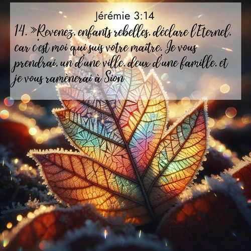 Segond21 Jérémie  ; image nature: image avec le verset biblique :»Revenez, enfants rebelles, déclare l&#039;Eternel, car c&#039;est moi qui suis votre maître. Je vous prendrai, un d&#039;une ville, deux d&#039;une famille, et je vous ramènerai à Sion. ;  ; 3:14