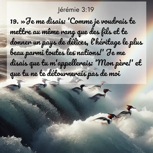 Segond21 Jérémie  ; image nature: image avec le verset biblique :»Je me disais: &#039;Comme je voudrais te mettre au même rang que des fils et te donner un pays de délices, l&#039;héritage le plus beau parmi toutes les nations!&#039; Je me disais que tu m&#039;appellerais: &#039;Mon père!&#039; et que tu ne te détournerais pas de moi. ;  ; 3:19